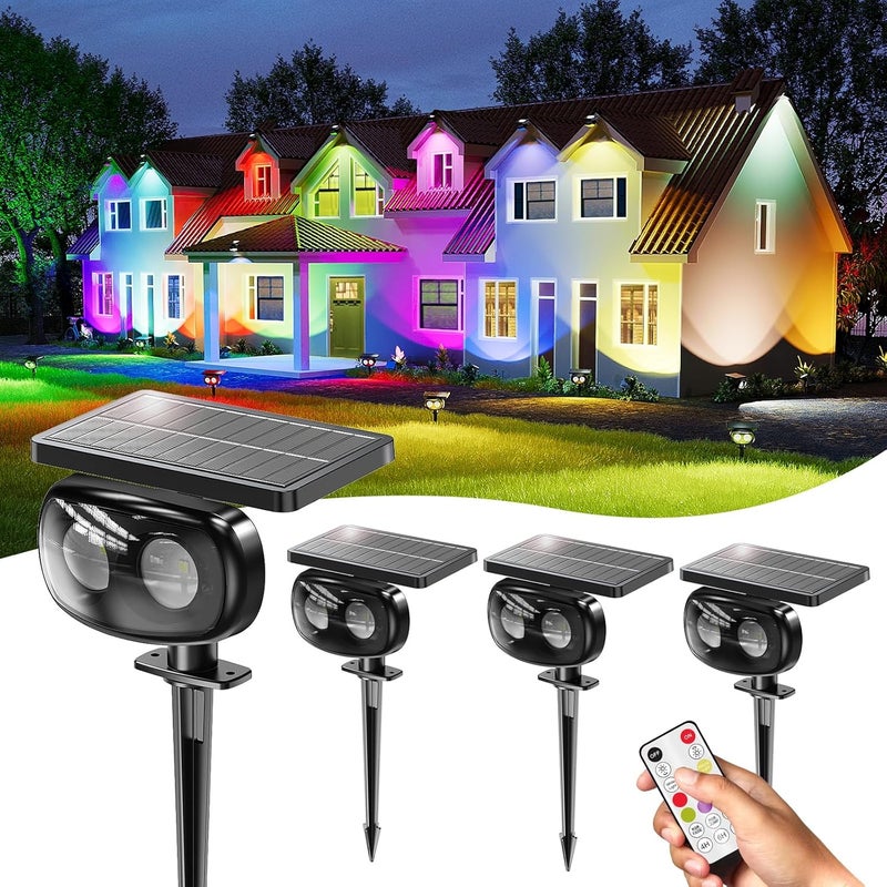 MOFOYEAH 4 Pack Solar Spot Lights Outdoor Waterproof IP68, Super Bright 9 Colors LED Solar Lights Outdoor with 3 Brightness Fixable Colors for Yard Pathway Garden House Lawn - Image 1